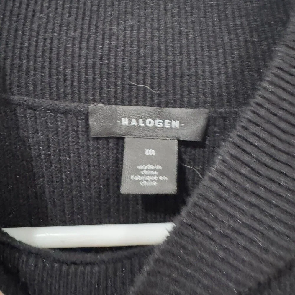 Halogen Women's Medium M Asymmetric Button‎ Mock Neck Stitch Mix Sweater Black
